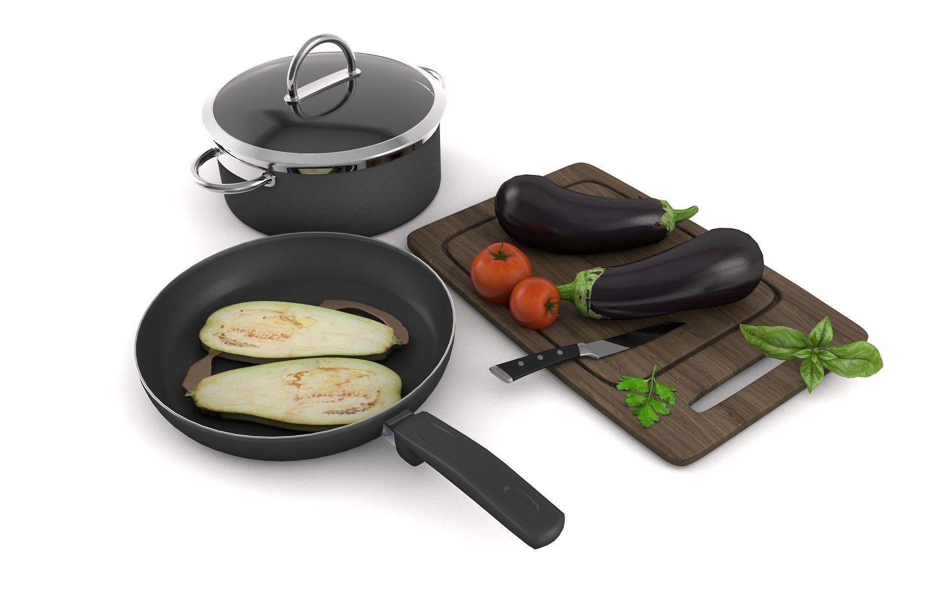 Kitchenware with vegetables 3D model