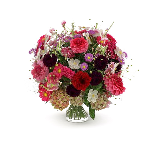 Bouquet of flowers in glass vase 3D model